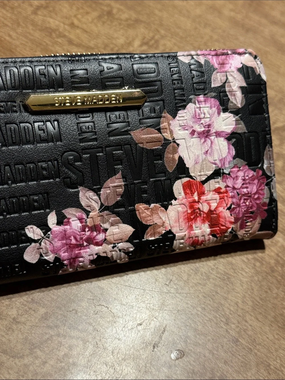 Steve Madden Black Wallet with Pink Floral Print and Gold Hardware